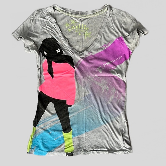 Nollie Gray Pink Purple V-Neck Graphic T-Shirt Size Small Dancing Neon - Picture 1 of 10
